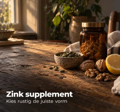 Zink supplement kiezen: potje met capsules naast pompoenpitten en walnoten