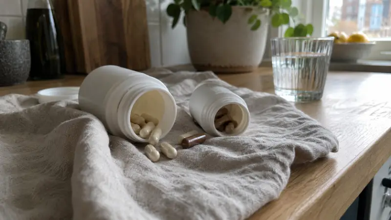 Twee zinksupplementen met losse capsules op een linnen doekje