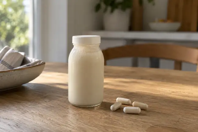 Flesje zuiveldrank naast probiotica capsules op tafel